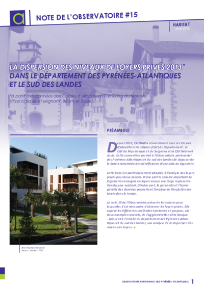 Note n°15 | La dispersion des niveaux de loyers privés 2013 dans le département des Pyrénées-Atlantiques et le sud des Landes 
