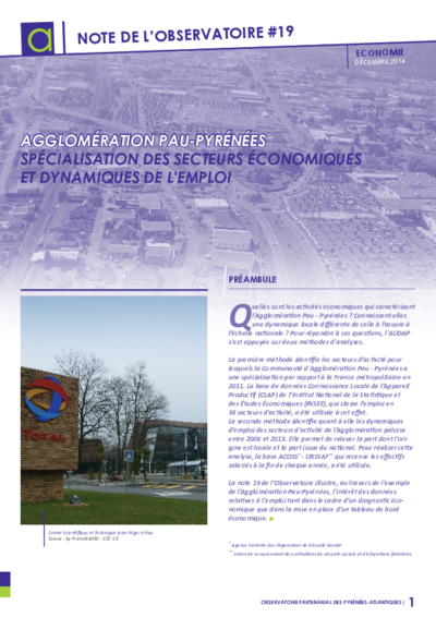 Note n°19 | Agglomération Pau - Pyrénées : spécialisation des secteurs économiques et dynamiques d'emploi 