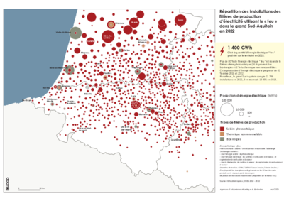 Répartition des installations des filières de production d'électricité utilisant le "feu" dans le grand Sud-Aquitain en 2022 