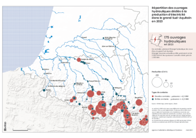 Répartition des ouvrages hydrauliques dédiés à la production d’électricité dans le grand Sud-Aquitain en 2023 