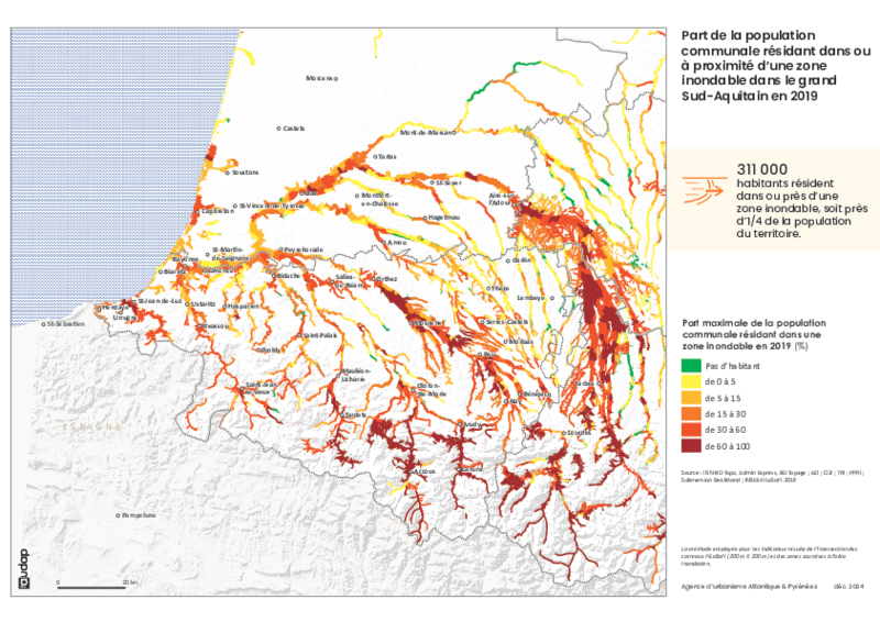 Part de la population communale résidant dans ou à proximité d’une zone inondable dans le grand Sud-Aquitain en 2019 