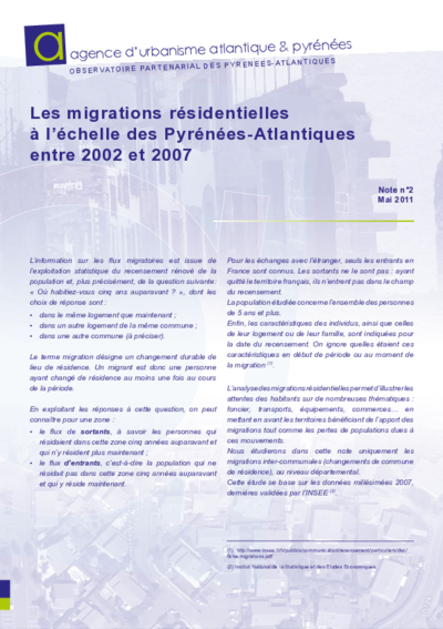 Note n°2 | Les migrations résidentielles à l’échelle des Pyrénées-Atlantiques entre 2002 et 2007 