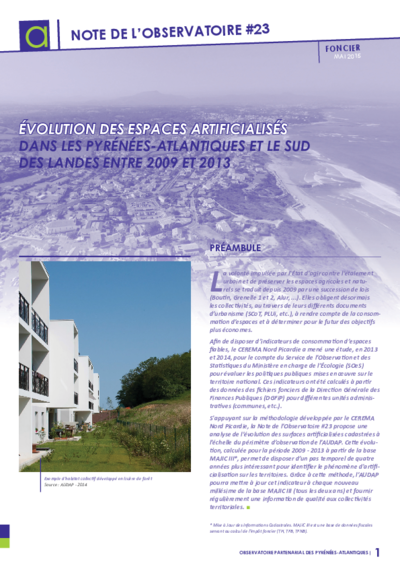 Note #23 | Evolution des espaces artificialisés dans les Pyrénées-Atlantiques et le sud des Landes entre 2009 et 2013 
