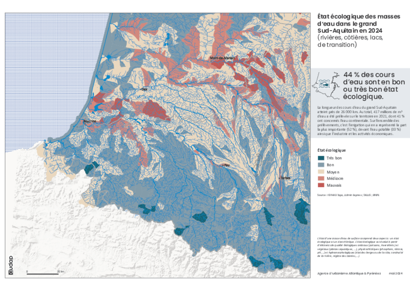État écologique des masses d’eau dans le grand Sud-Aquitain en 2024 (rivières, côtières, lacs, de transition) 