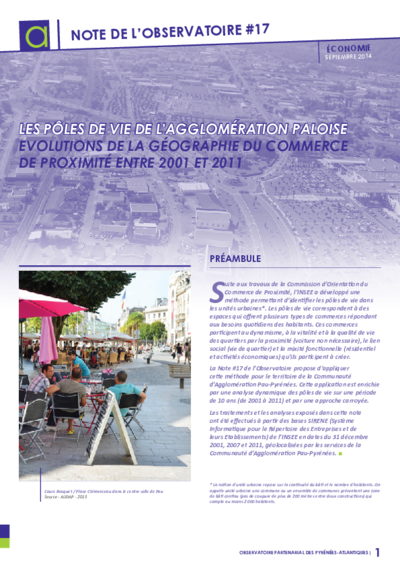 Note n°17 | Les pôles de vie de l'agglomération paloise : évolutions de la géographie du commerce de proximité entre 2001 et 2011 