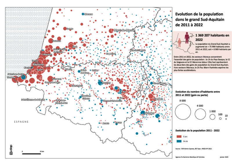 Évolution de la population dans le grand Sud-Aquitain de 2011 à 2022 