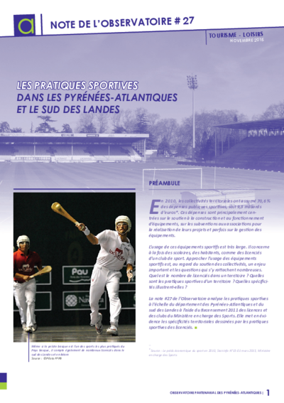 Note #27 | Les pratiques sportives dans les Pyrénées-Atlantiques et le sud des Landes 
