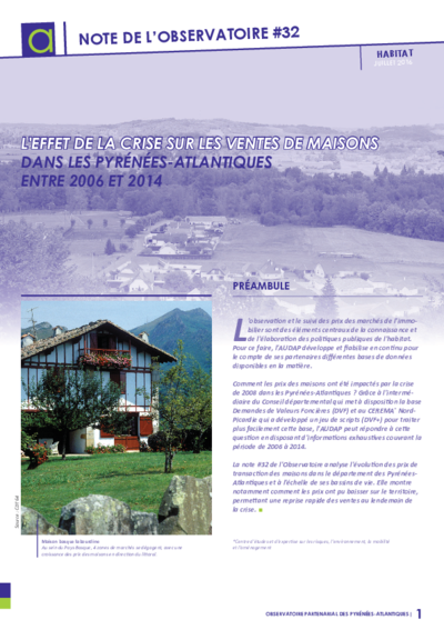 Note #32 | L'effet de la crise sur les ventes de maisons dans les Pyrénées-Atlantiques entre 2006 et 2014 
