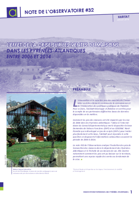 Note de l'observatoire n°32 | L'effet de la crise sur les ventes de maisons dans les Pyrénées-Atlantiques entre 2006 et 2014