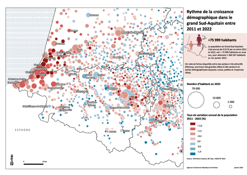 Rythme de la croissance démographique dans le grand Sud-Aquitain entre 2011 et 2022 